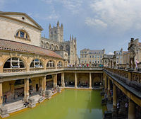 The Great Bath at the Roman Baths. The entire structure above the level of the pillar bases is a later reconstruction.