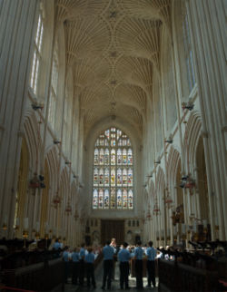 Fan vaulting over the nave at Bath Abbey, Bath, England. Made from local Bath stone, this is a Victorian restoration (made in the 1860s) of the original roof from 1608