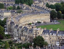 Royal Crescent, seen from a hot air balloon. The contrast between the architectural style of the front and rear of this terrace is clear