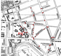 Locations of barricades marked on a prewar map of Warsaw.