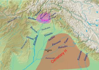Geography of the Rigveda, with river names; the extent of the Swat and Cemetery H cultures are also indicated.