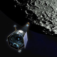 Artist's impression of the Lunar Crater Observation and Sensing Satellite (LCROSS) probe. Shackleton crater has been suggested as a potential target for this mission, but the final target has not yet been selected.