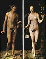Adam and EveA classic depiction of the biblical tale showcasing the apple as a symbol of sin.Albrecht Dürer, 1507; Oil on panel; 209 x 81 cm (per panel); Museo Nacional del Prado, Madrid.[1].