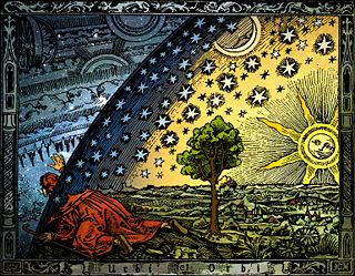 Hand-coloured version of the anonymous wood engraving known as the Flammarion woodcut(1888).