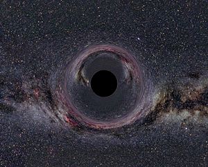 A simulated black hole of ten solar masses as seen from a distance of 600 kilometers with the Milky Way in the background.