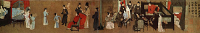 Half-section of the Night Revels of Han Xizai, by Chinese artist Gu Hongzhong, 10th century. A women is seen entertaining guests with a pipa on the right-hand side.