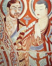 Blue-eyed Central Asian Buddhist monk, with an East-Asian colleague, Tarim Basin, China, 9th-10th century.