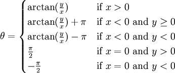 \theta = 
\begin{cases}
\arctan(\frac{y}{x}) & \mbox{if } x > 0\\
\arctan(\frac{y}{x}) + \pi & \mbox{if } x < 0 \mbox{ and } y \ge 0\\
\arctan(\frac{y}{x}) - \pi & \mbox{if } x < 0 \mbox{ and } y < 0\\
\frac{\pi}{2} & \mbox{if } x = 0 \mbox{ and } y > 0\\
-\frac{\pi}{2} & \mbox{if } x = 0 \mbox{ and } y < 0
\end{cases}