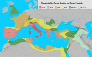 The extent of the Roman Republic and Roman Empire in 218 BC (dark red), 133 BC (light red), 44 BC (orange), AD 14 (yellow), after AD 14 (green), and maximum extension under Trajan, AD 117 (light green).