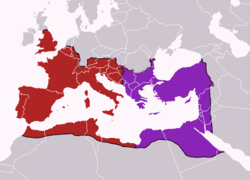The division of the empire after the death of Theodosius I, c. 395, superimposed on modern borders.      Western Roman Empire      Eastern Roman Empire