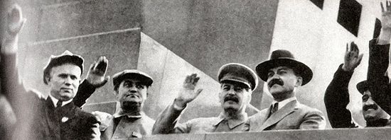 May Day Parade, Moscow, 1937. Left to right Khrushchev, G. Dimitrov, Stalin, V. M. Molotov and Anastas Ivanovich Mikoyan.