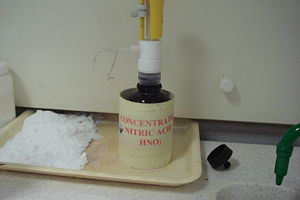 Nitric acid in a laboratory.