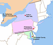 A map showing key locations in Tubman's life