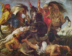 Rubens is known for the frenetic energy and lusty ebullience of his paintings, as typified by the Hippopotamus Hunt (1616).