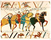 The Bayeux Tapestry depicts the Norman Conquest.