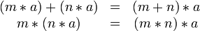 
\begin{matrix}
(m*a) +(n*a) &=& (m+n)*a\\
m*(n*a) &=& (m*n)*a
\end{matrix}
