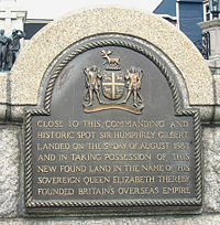 Plaque in St. John's, Newfoundland, commemorating Gilbert's founding of the British overseas Empire