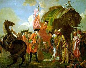 Lord Clive meeting with Mir Jafar after the Battle of Plassey, by Francis Hayman (c. 1762).