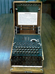 The plugboard, keyboard, lamps, and finger-wheels of the rotors emerging from the inner lid of a three-rotor German military Enigma machine