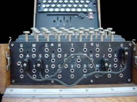 The plugboard (Steckerbrett) was positioned at the front of the machine, below the keys. When in use, there were up to 13 connections. In the above photograph, two pairs of letters have been swapped (S-O and J-A).