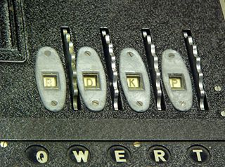 Figure 2. With the inner lid down, the Enigma was ready for use. The finger wheels of the rotors protruded through the lid, allowing the operator to set the rotors, and their current position—here RDKP—was visible to the operator through a set of windows.