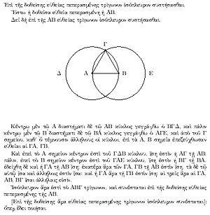 A proof from Euclid's Elements that, given a line segment, an equilateral triangle exists that includes the segment as one of its sides. The proof is by construction: an equilateral triangle ΑΒΓ is made by drawing circles Δ and Ε centered on the points Α and Β, and taking one intersection of the circles as the third vertex of the triangle.