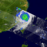 TRMM satellite image showing rainfall distribution within Typhoon Saomai at landfall.