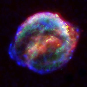 Multiwavelength X-ray, infrared, and optical compilation image of Kepler's Supernova Remnant, SN 1604. (Chandra X-ray Observatory)
