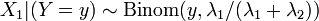 X_1|(Y=y) \sim \mathrm{Binom}(y, \lambda_1/(\lambda_1+\lambda_2))\,