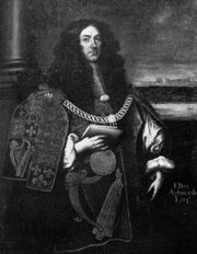 Elias Ashmole wearing a tabard as Windsor Herald, painted by Cornelius de Neve in 1664.Private Collection of Sir William Dugdale, Blyth Hall, Warwickshire.