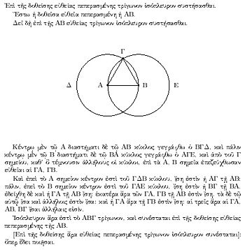 A proof from Euclid's elements that, given a line segment, an equilateral triangle exists that includes the segment as one of its sides. The proof is by construction: an equilateral triangle ΑΒΓ is made by drawing circles Δ and Ε centered on the points Α and Β, and taking one intersection of the circles as the third vertex of the triangle.