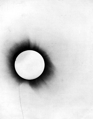 A disproof of Euclidean geometry as a description of physical space. In a 1919 test of the general theory of relativity, stars (marked with short horizontal lines) were photographed during a solar eclipse. The rays of starlight were bent by the Sun's gravity on their way to the earth. This is interpreted as evidence in favor of Einstein's prediction that gravity would cause deviations from Euclidean geometry.