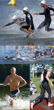 Triathletes competing in the swim component of race. Wetsuits are common but not universal