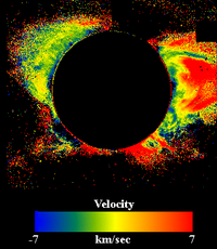 A picture of the solar corona taken with the LASCO C1 coronagraph. The picture is a color coded image of the doppler shift of the FeXIV 5308 Å line, caused by the coronal plasma velocity towards or away from the satellite.
