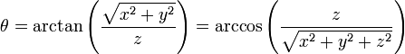 {\theta}=\arctan \left( \frac{\sqrt{x^2 + y^2}}{z} \right)=\arccos \left( {\frac{z}{\sqrt{x^2 + y^2 + z^2}}} \right)