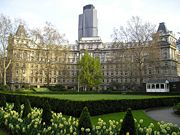 Tower 42 rises behind Finsbury Circus.