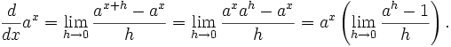 \frac{d}{dx}a^x=\lim_{h\to 0}\frac{a^{x+h}-a^x}{h}=\lim_{h\to 0}\frac{a^{x}a^{h}-a^x}{h}=a^x\left(\lim_{h\to 0}\frac{a^h-1}{h}\right).
