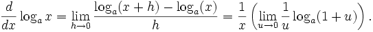 \frac{d}{dx}\log_a x = \lim_{h\to 0}\frac{\log_a(x+h)-\log_a(x)}{h}=\frac{1}{x}\left(\lim_{u\to 0}\frac{1}{u}\log_a(1+u)\right).