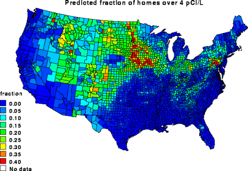 Predicted fraction of homes exceeding the EPA's recommended action level of 4 pCi/L