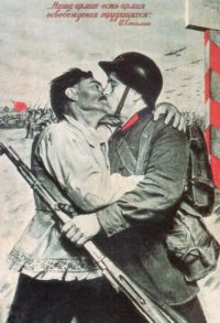 A Soviet propaganda poster issued after Soviet invasion of Poland depicting peasant kissing a soldier of Red Army - the "Army of Liberation".According to Soviet propaganda, the Red Army entered Poland to liberate and protect the "Ukrainian-Belarussian brothers". The text reads: "Our army is an army that liberates workers", signed "J. Stalin".
