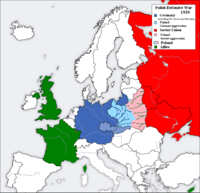 Invasion of Poland: Germany and its allies from the west (blue), Soviets from the east (red).