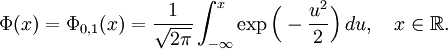 
\Phi(x) = \Phi_{0,1}(x)
= \frac{1}{\sqrt{2\pi}}
\int_{-\infty}^x
\exp\Bigl(-\frac{u^2}{2}\Bigr)
\, du, \quad x\in\mathbb{R}.
