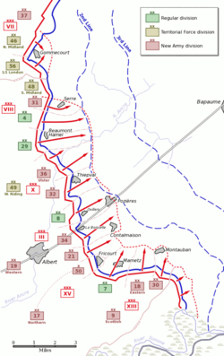 British infantry attack plan for 1 July. The only success came in the south at Mametz and Montauban and on the French sector.