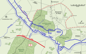 The British 21st Division attack on Bazentin le Petit, 14 July 1916. The area captured by 9.00 a.m. is shown by the dashed red line.