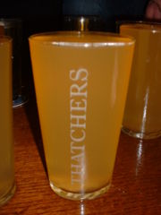 Thatchers traditional scrumpy cider in a pint glass