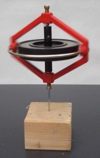 This gyroscope remains upright while spinning due to its angular momentum.