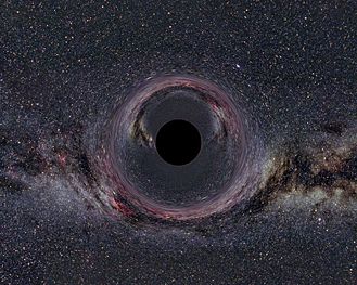Simulated view of a black hole in front of the Milky Way. The hole has 10 solar masses and is viewed from a distance of 600 km. An acceleration of about 400 million g is necessary to sustain this distance constantly.