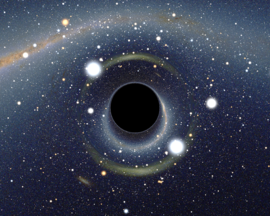 Gravitational lensing distorts the image around a black hole in front of the Large Magellanic Cloud (simulated view)
