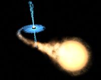 Artist's impression of a binary system consisting of a black hole and a main sequence star. The black hole is drawing matter from the main sequence star via an accretion disk around it, and some of this matter forms a gas jet.
