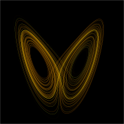 A plot of the Lorenz attractor for values r = 28, σ = 10, b = 8/3